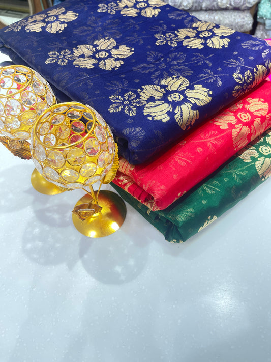 Pure Silk Emerald Green Floral Brocade Fabric with Gold Zari