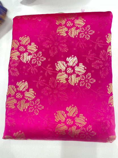 Pure Silk Emerald Green Floral Brocade Fabric with Gold Zari