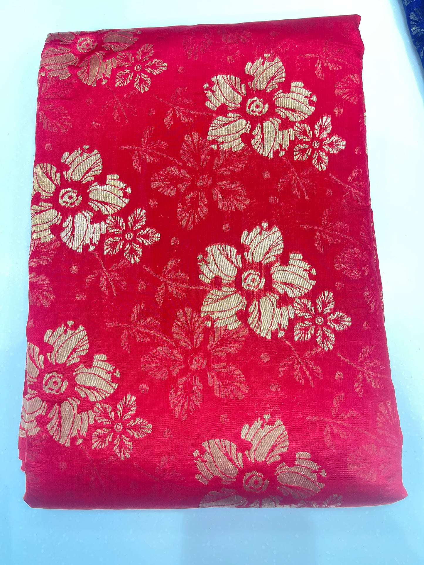 Pure Silk Emerald Green Floral Brocade Fabric with Gold Zari