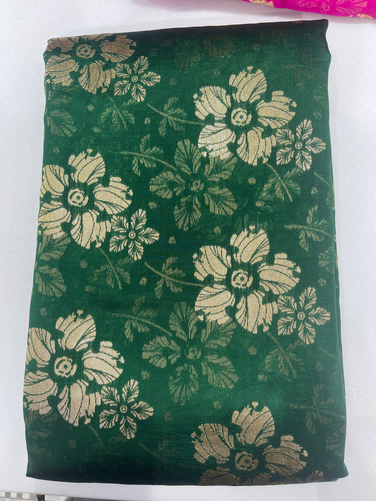 Pure Silk Emerald Green Floral Brocade Fabric with Gold Zari