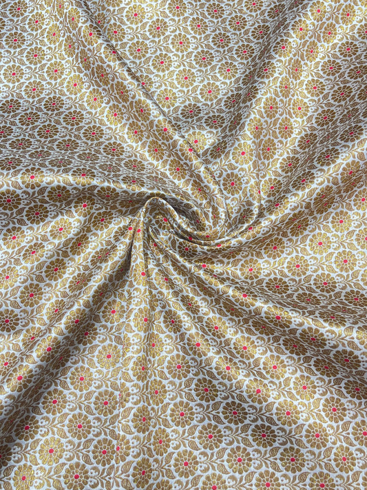 Pure Silk Brocade Fabric with Gold Zari Floral Motifs