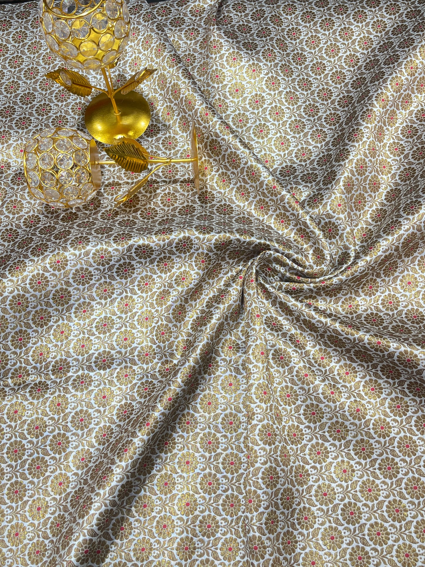 Pure Silk Brocade Fabric with Gold Zari Floral Motifs