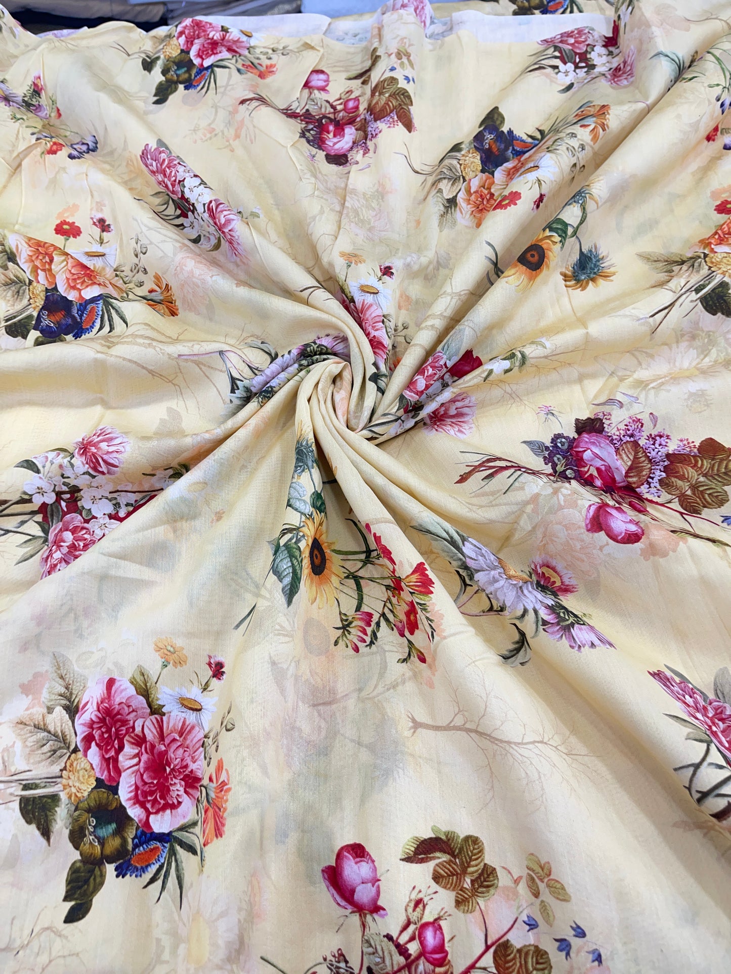 Pure Chanderi Digital Floral Print Fabric – Soft Cream Yellow Elegance