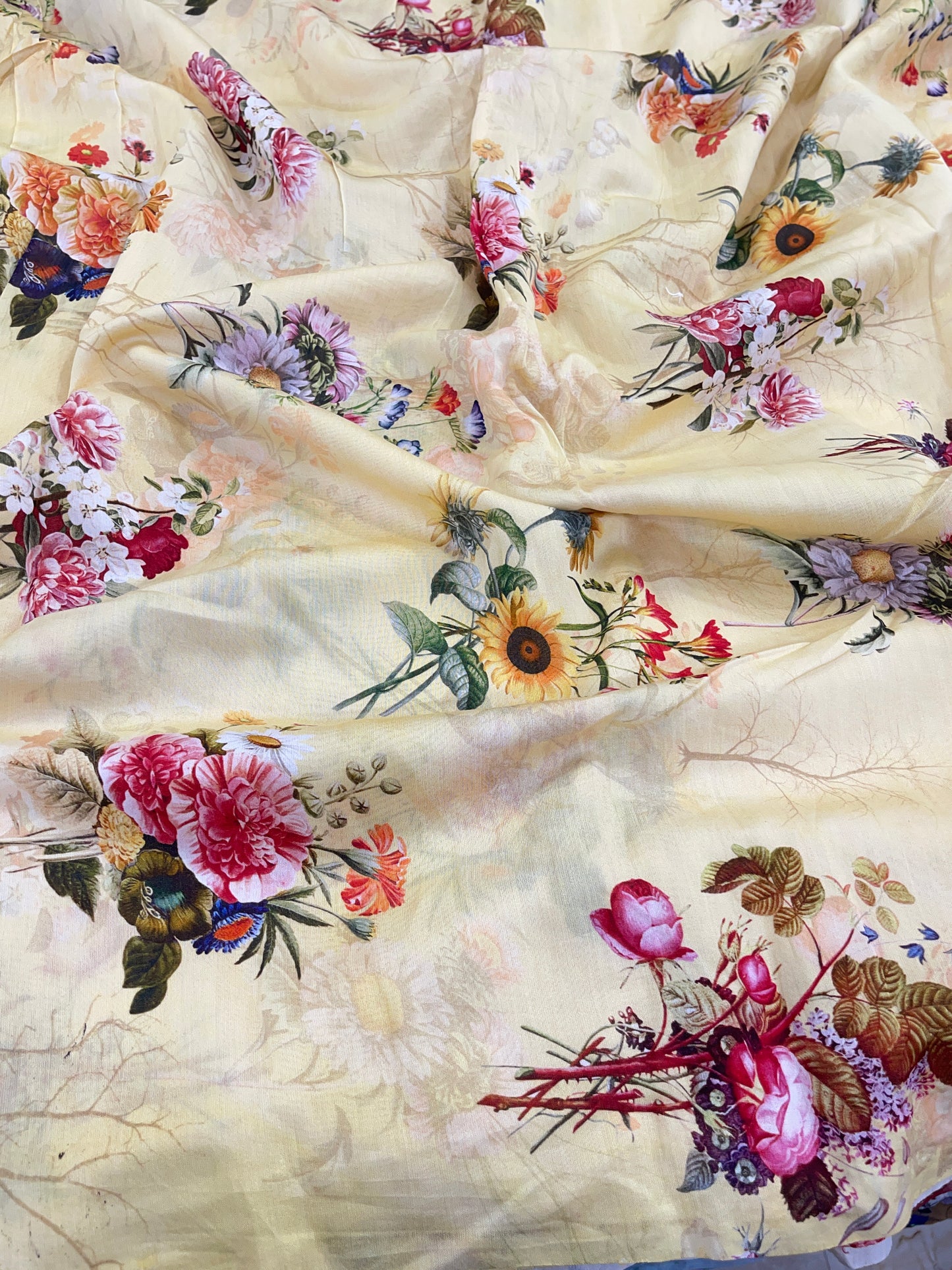 Pure Chanderi Digital Floral Print Fabric – Soft Cream Yellow Elegance