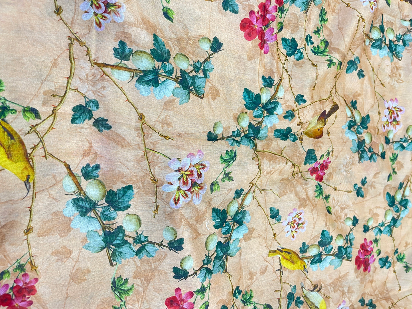 Pure Chanderi Digital Print Fabric – Bird & Floral Motif on Soft Beige Base
