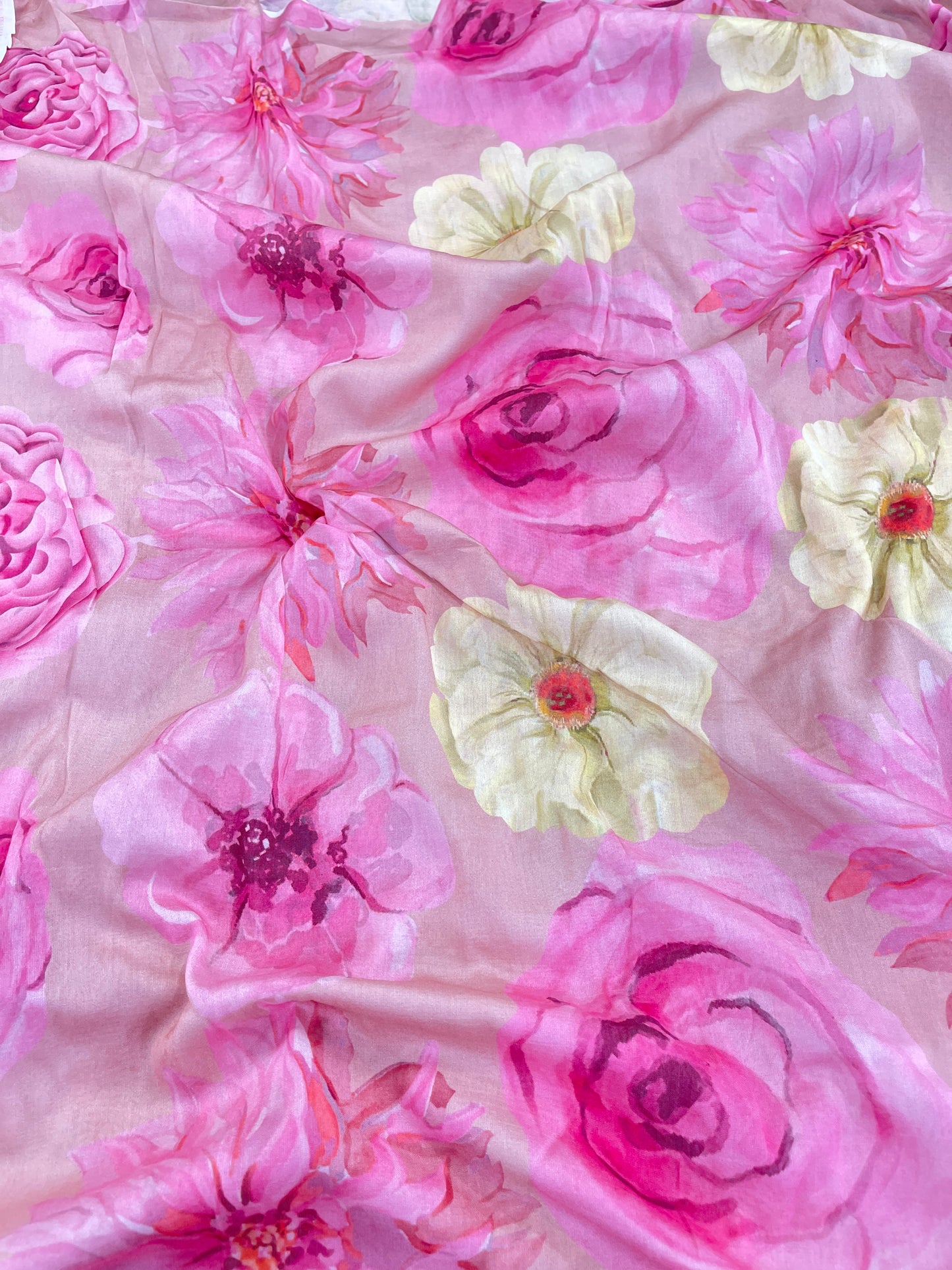 Pure Chanderi Floral Print Fabric – Soft Pink Designer Material