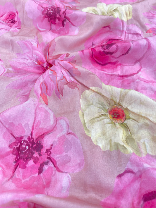 Pure Chanderi Floral Print Fabric – Soft Pink Designer Material