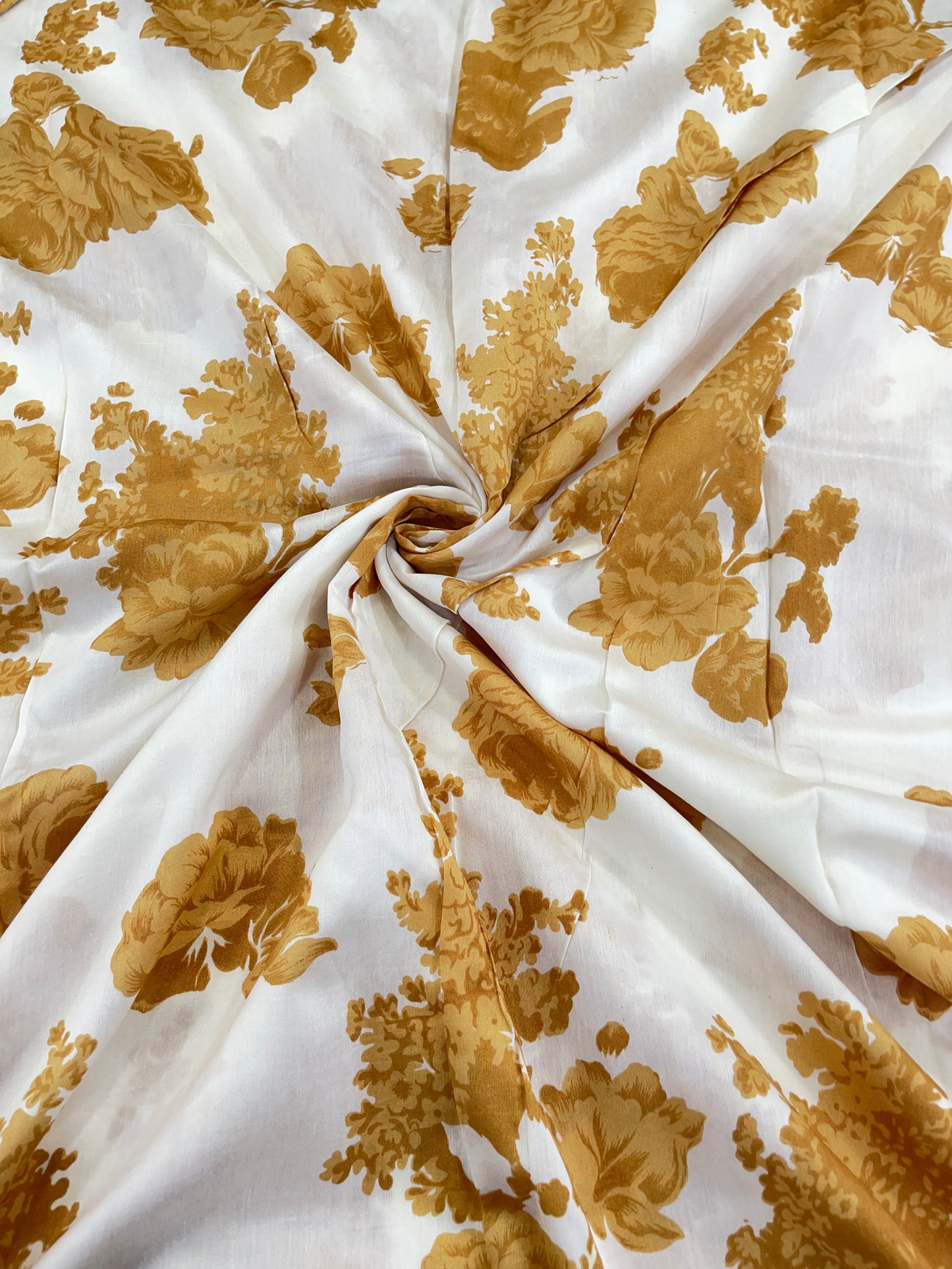 Pure Chanderi Floral Print Fabric – Ivory & Mustard Designer Material