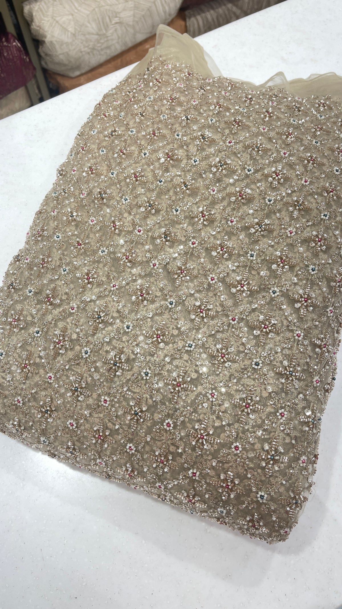 Premium Silver Floral Sequin Embroidered Net Fabric