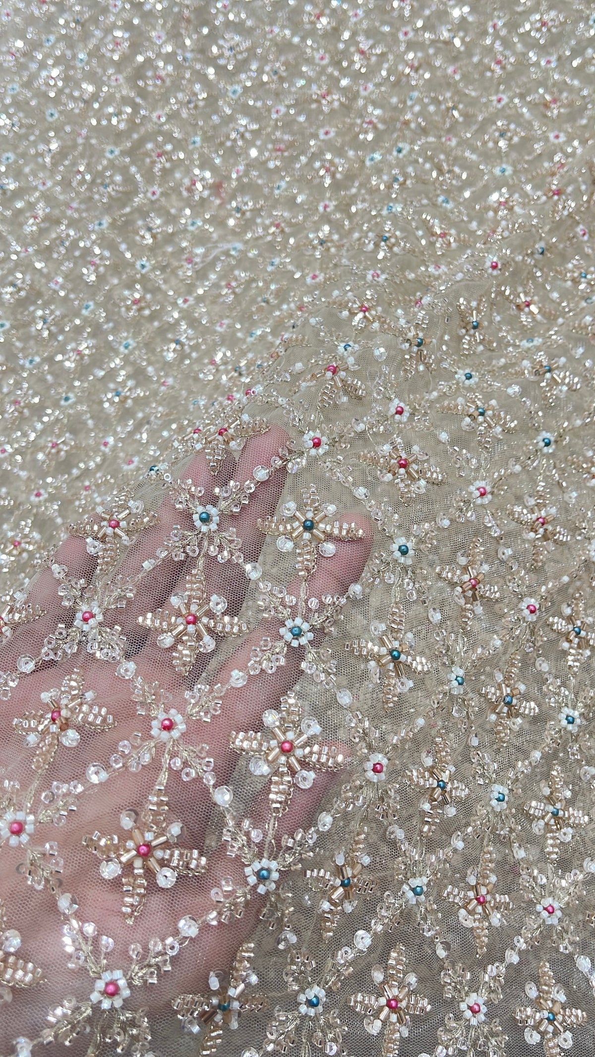 Premium Silver Floral Sequin Embroidered Net Fabric