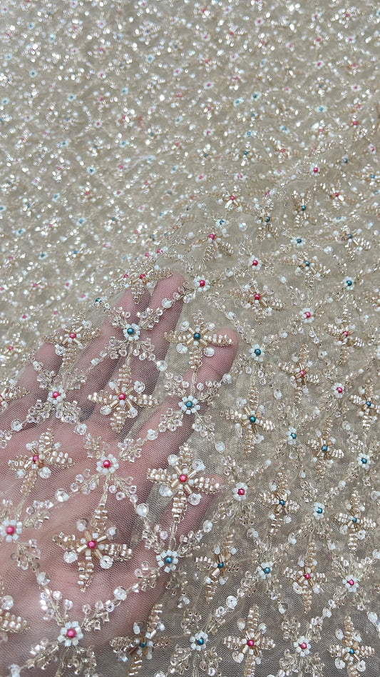Premium Silver Floral Sequin Embroidered Net Fabric