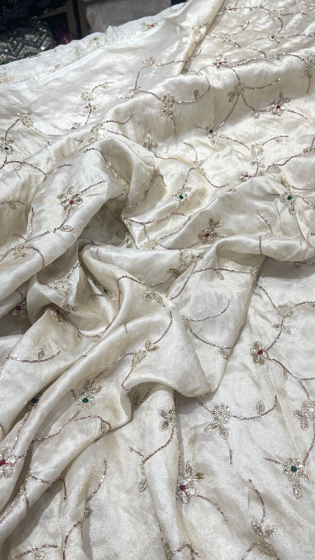 Elegant Silk Tissue Fabric with Delicate Floral Embroidery