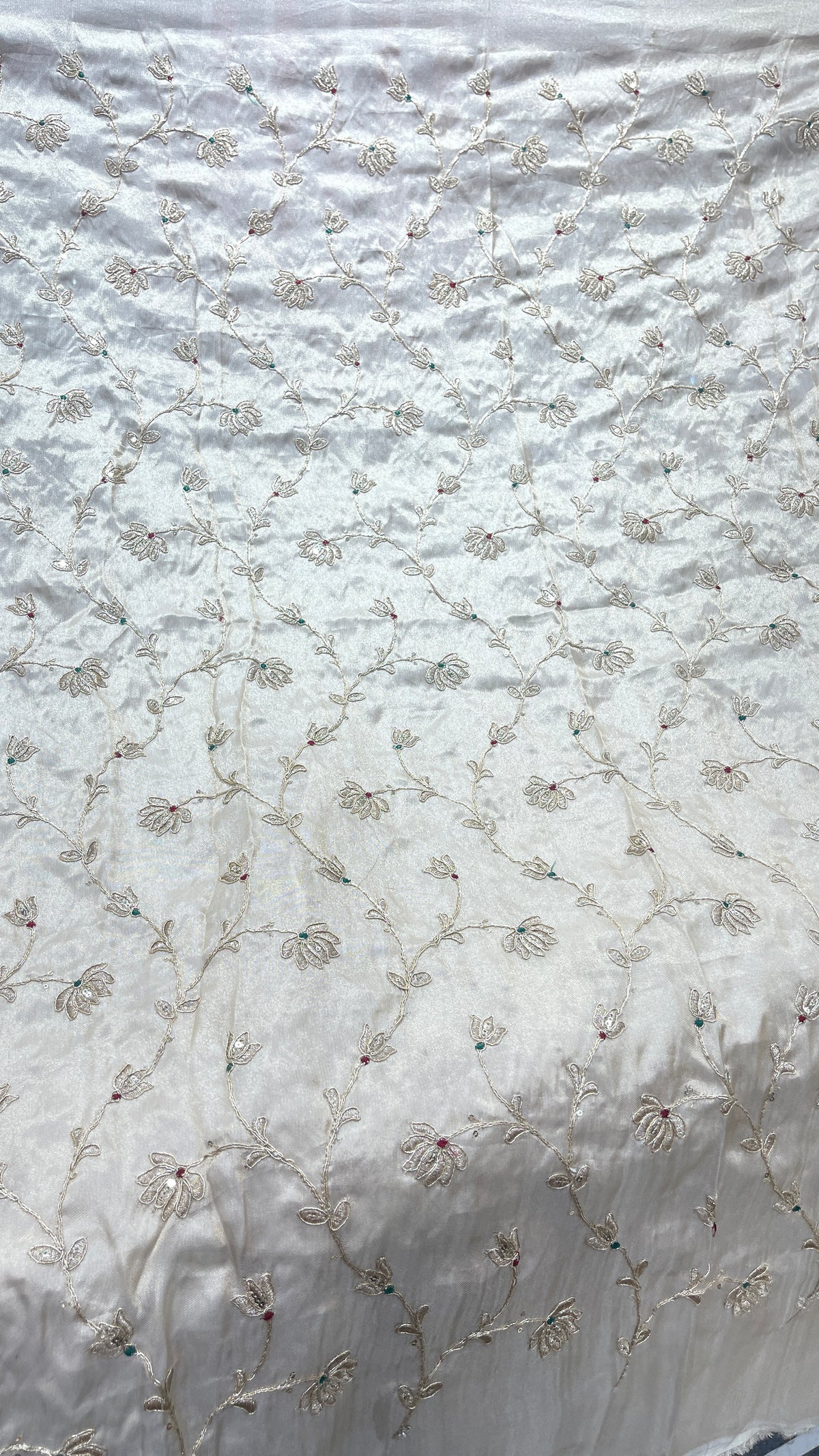 Silk Tissue Fabric with Delicate Floral Vine Embroidery