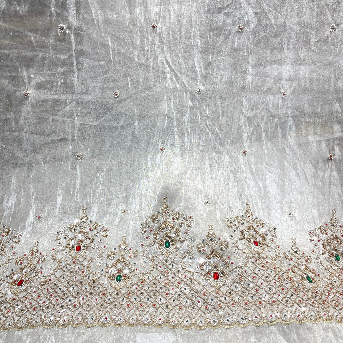 Silk Tissue Embroidery Fabric with Heavy Sequin & Beaded Border Work