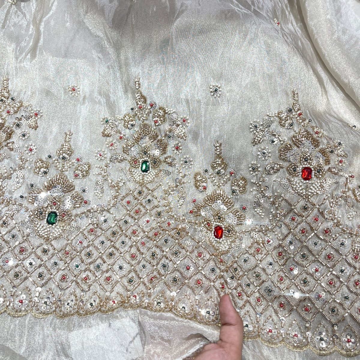 Silk Tissue Embroidery Fabric with Heavy Sequin & Beaded Border Work