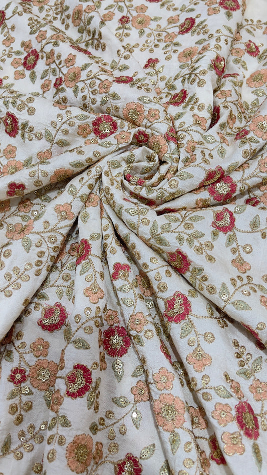 Premium Dupion Embroidery Fabric – Floral Designer Fabric for Festive Wear