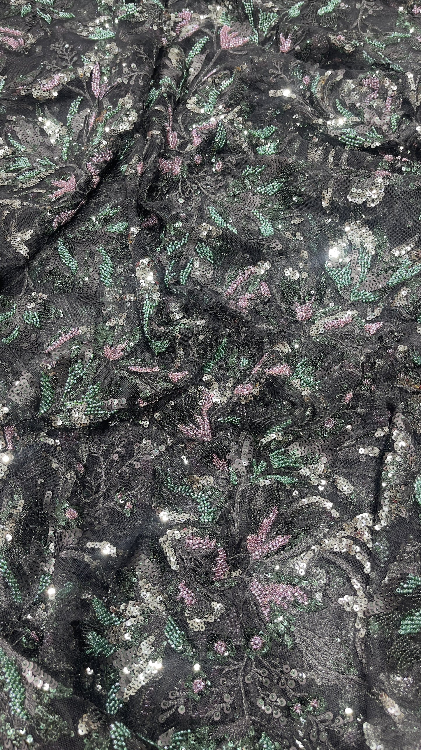 Elegant Black Multicolor Floral Sequin Embroidered Net Fabric