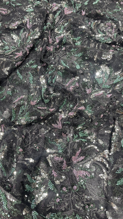 Elegant Black Multicolor Floral Sequin Embroidered Net Fabric