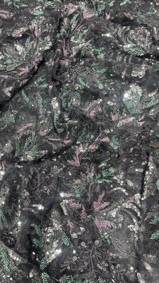 Elegant Black Multicolor Floral Sequin Embroidered Net Fabric
