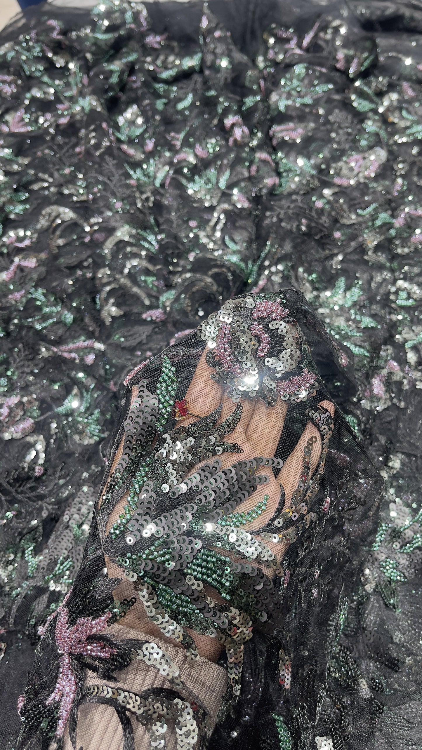 Elegant Black Multicolor Floral Sequin Embroidered Net Fabric