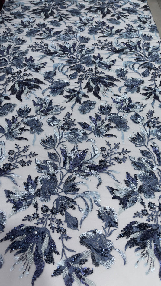 Elegant Black Multicolor Floral Sequin Embroidered Net Fabric