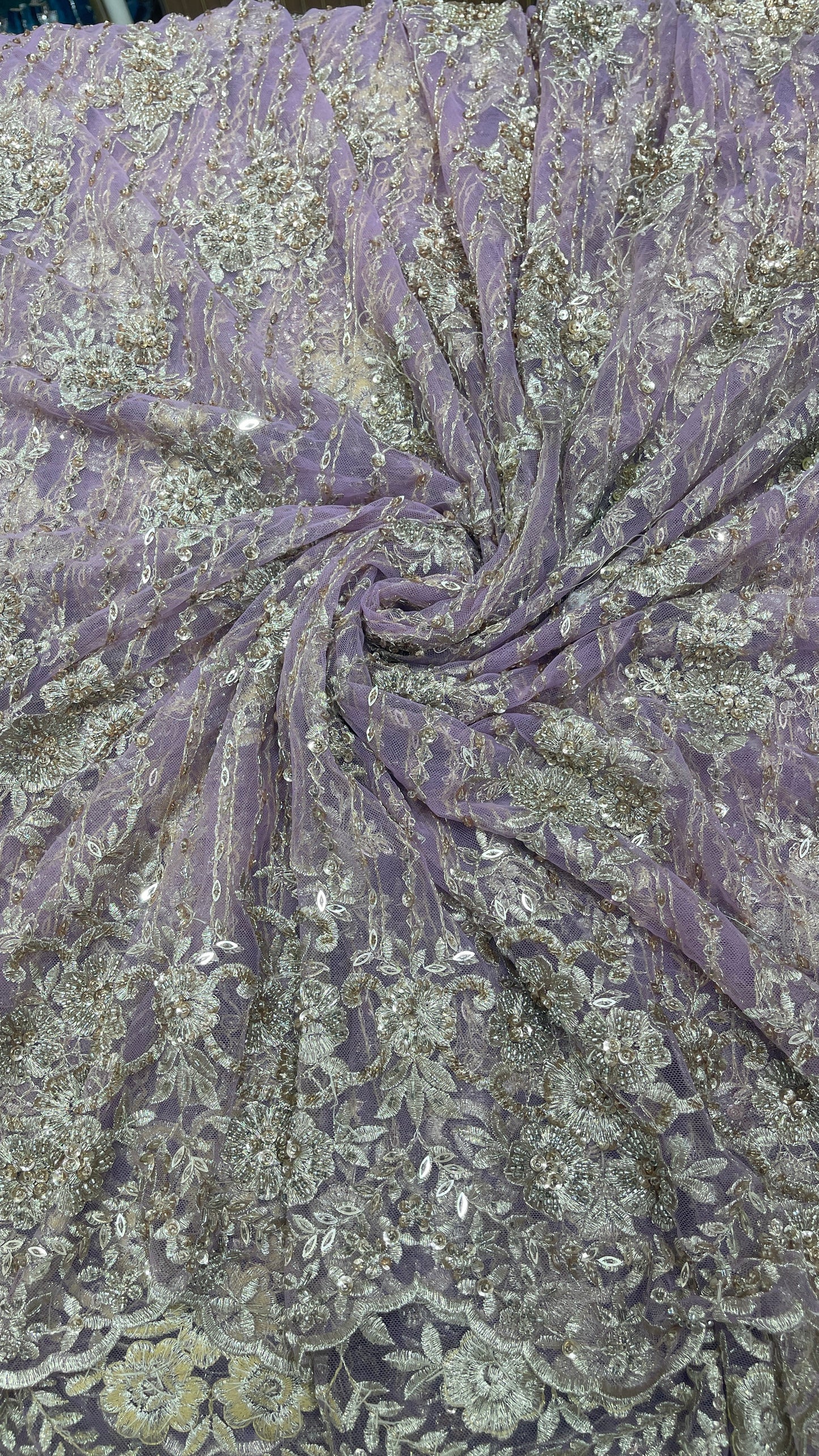 Dusty Lavender Net Fabric with Champagne Gold Floral Embroidery