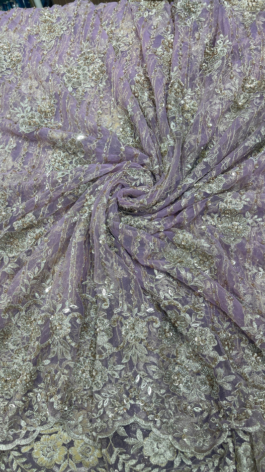Dusty Lavender Net Fabric with Champagne Gold Floral Embroidery