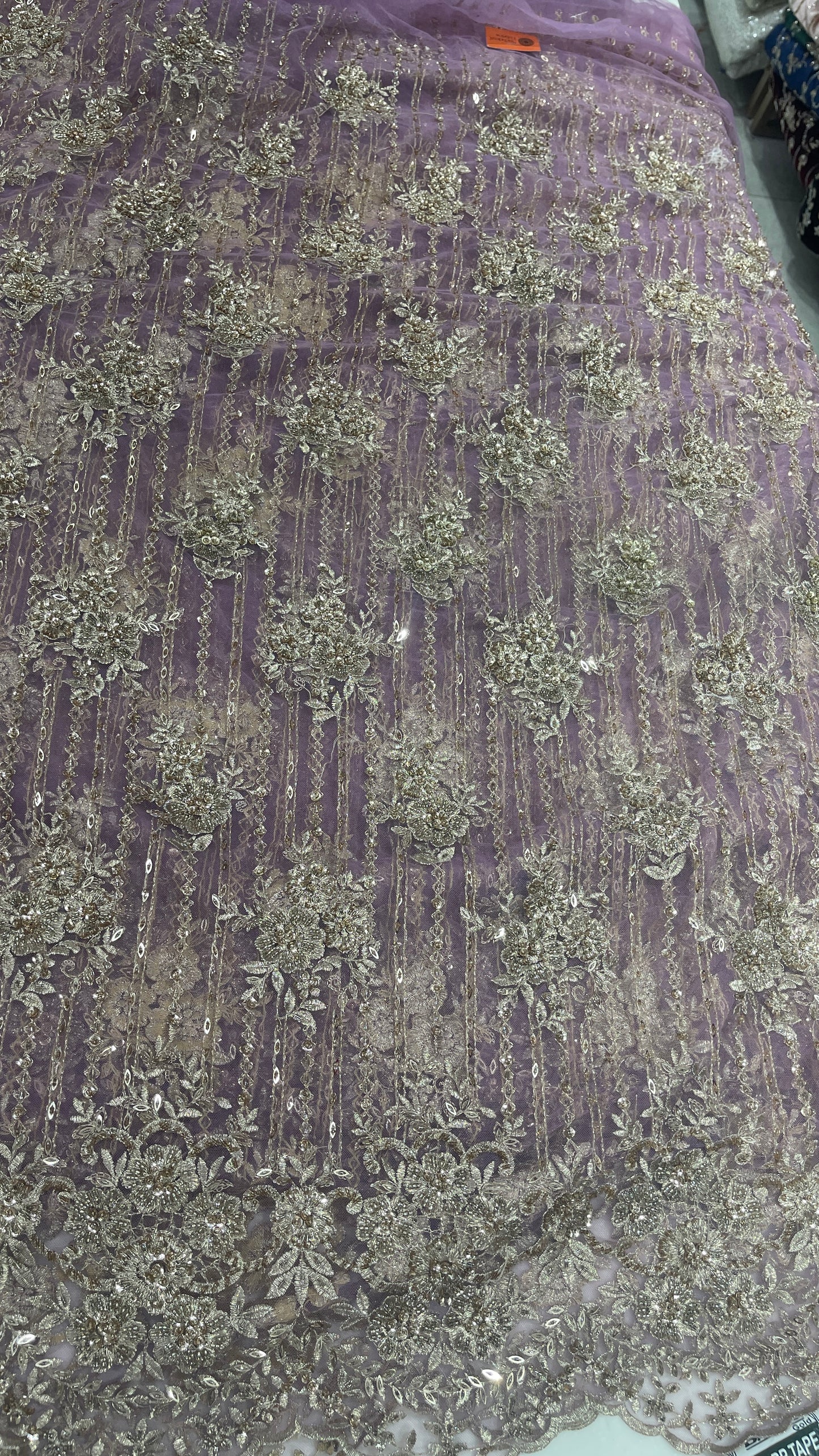 Dusty Lavender Net Fabric with Champagne Gold Floral Embroidery