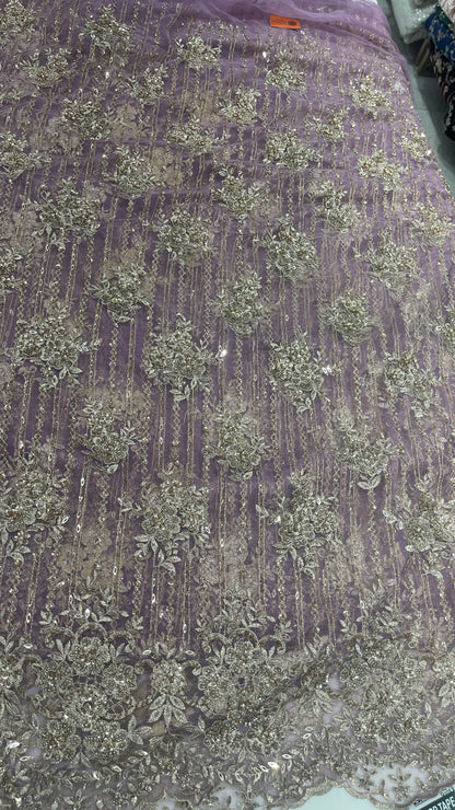 Dusty Lavender Net Fabric with Champagne Gold Floral Embroidery