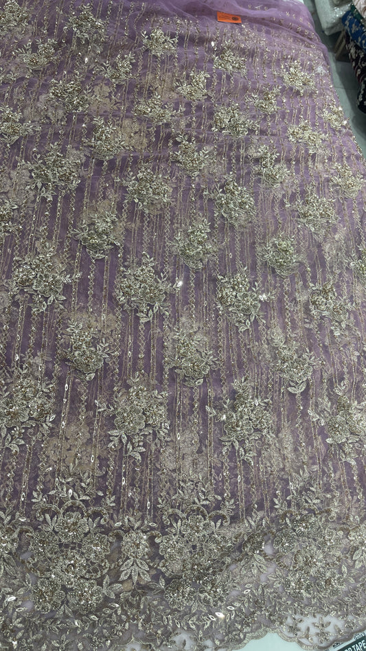 Dusty Lavender Net Fabric with Champagne Gold Floral Embroidery
