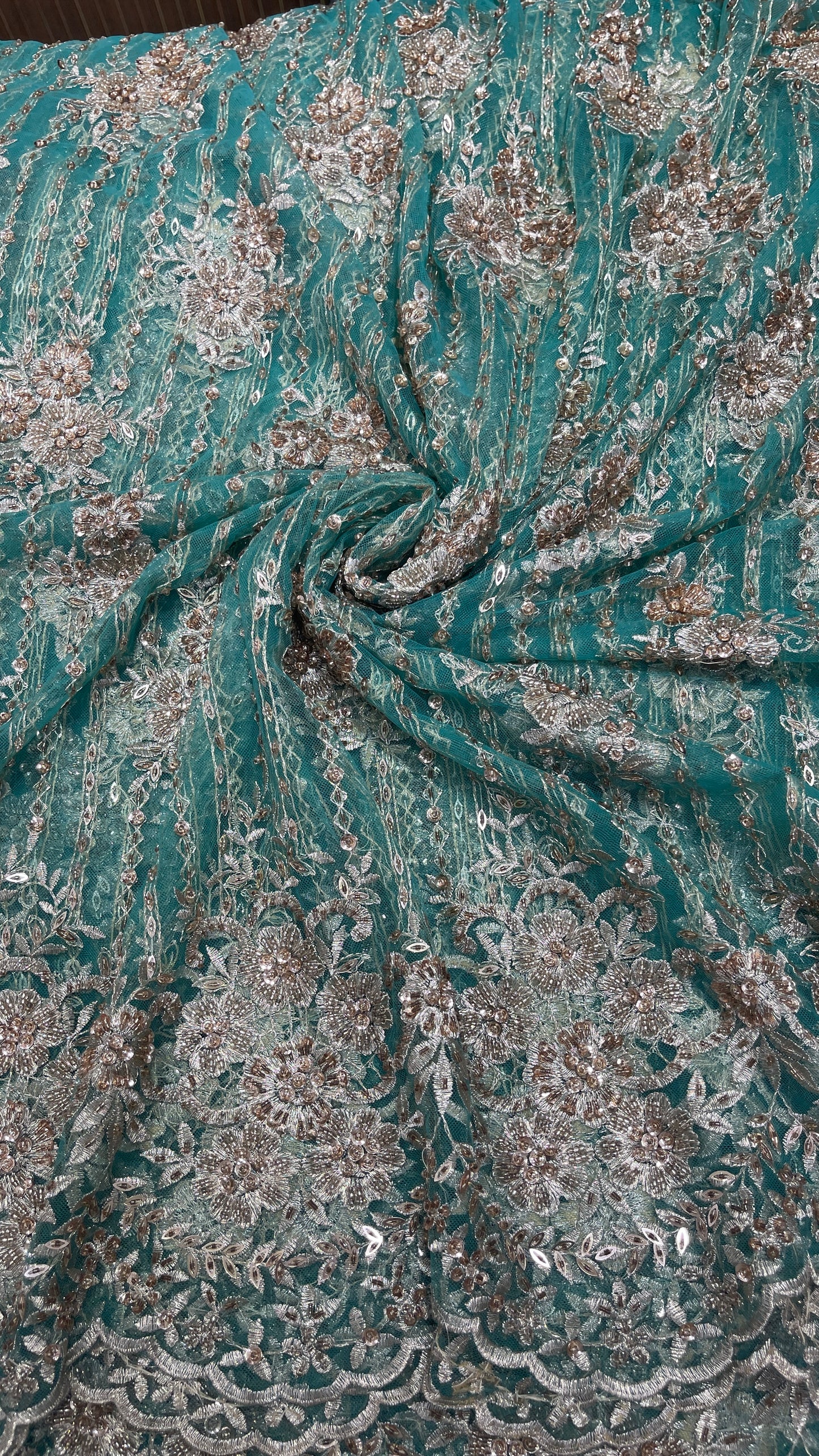 Dusty Lavender Net Fabric with Champagne Gold Floral Embroidery