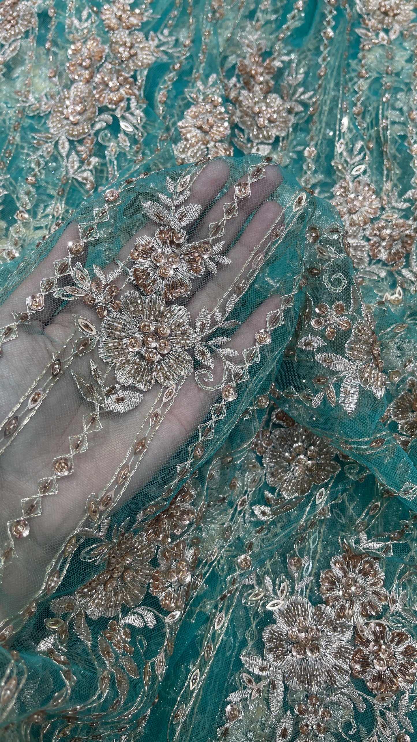 Dusty Lavender Net Fabric with Champagne Gold Floral Embroidery