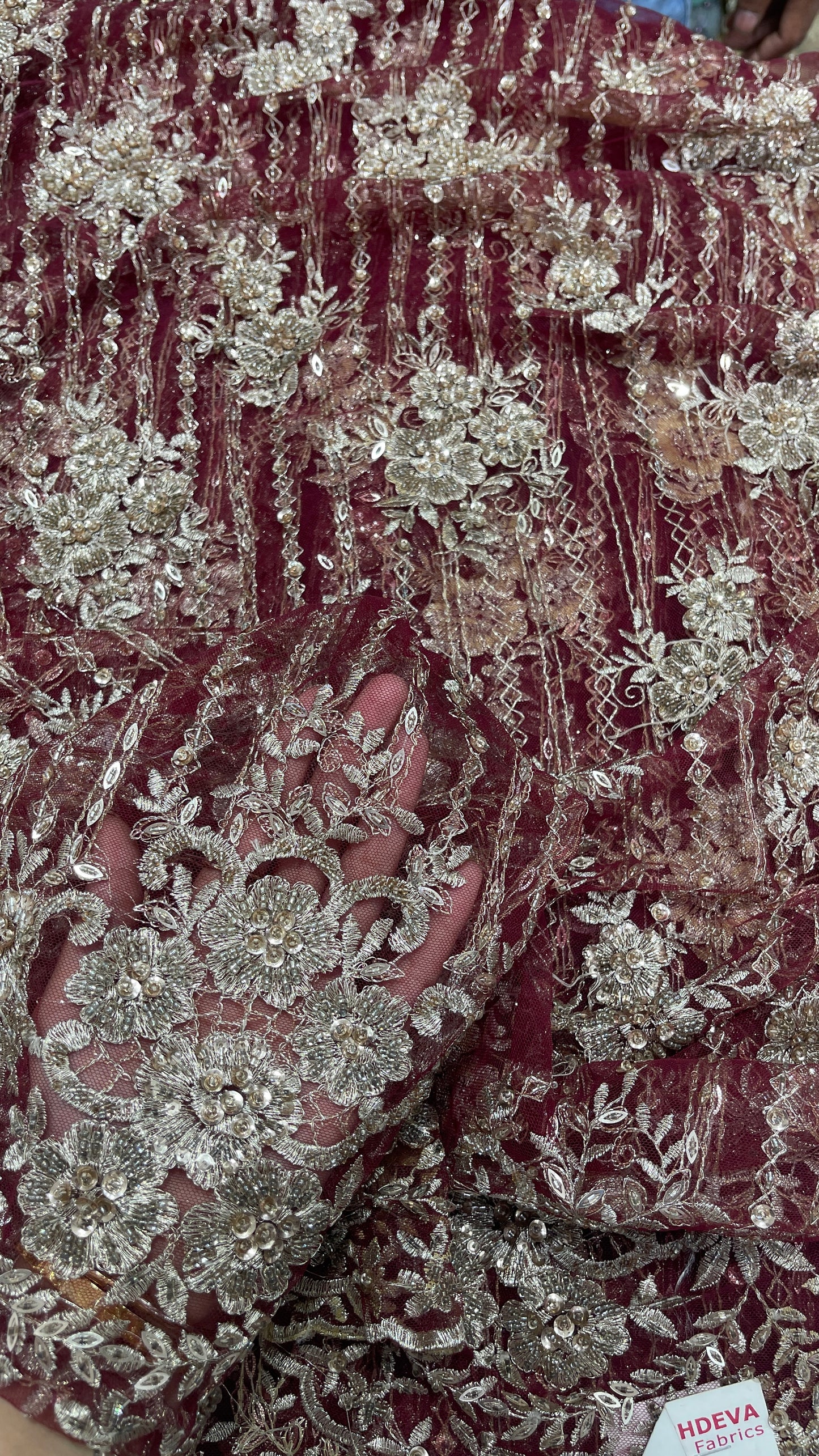 Dusty Lavender Net Fabric with Champagne Gold Floral Embroidery