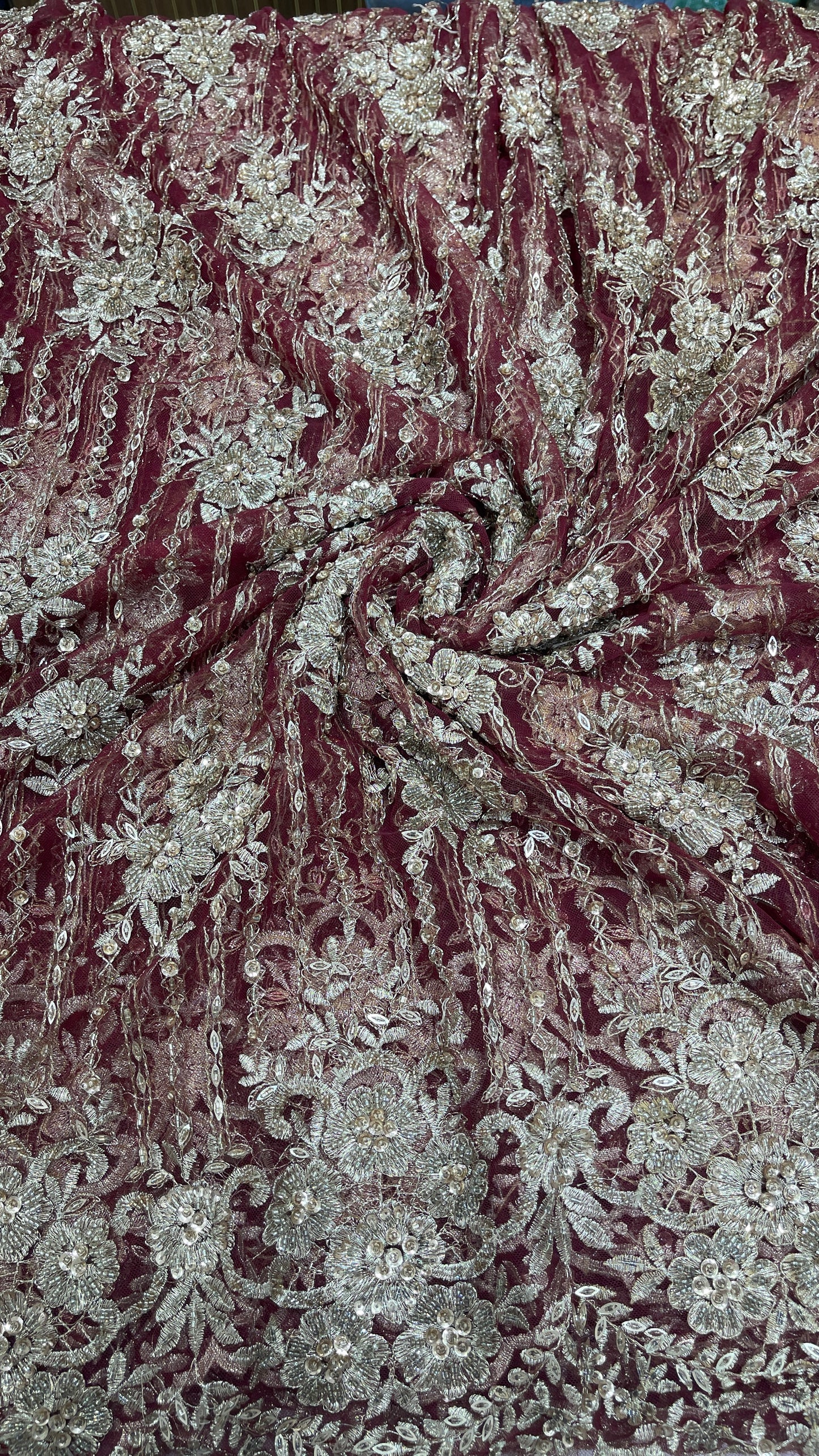 Dusty Lavender Net Fabric with Champagne Gold Floral Embroidery