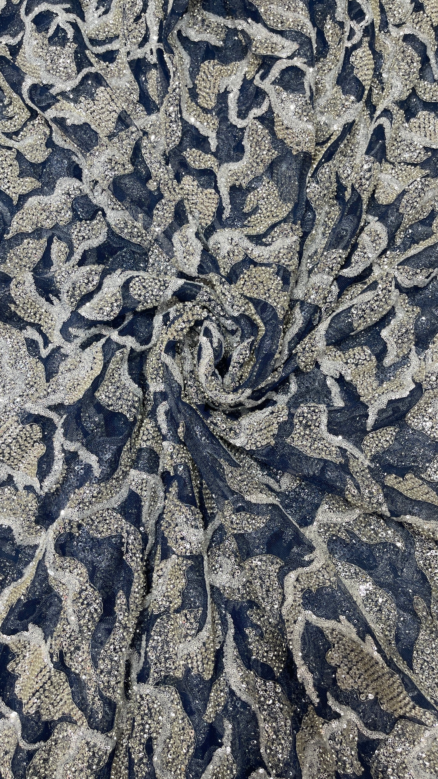 Luxury Silver & White Sequins Embroidered Net Fabric - Designer Collection