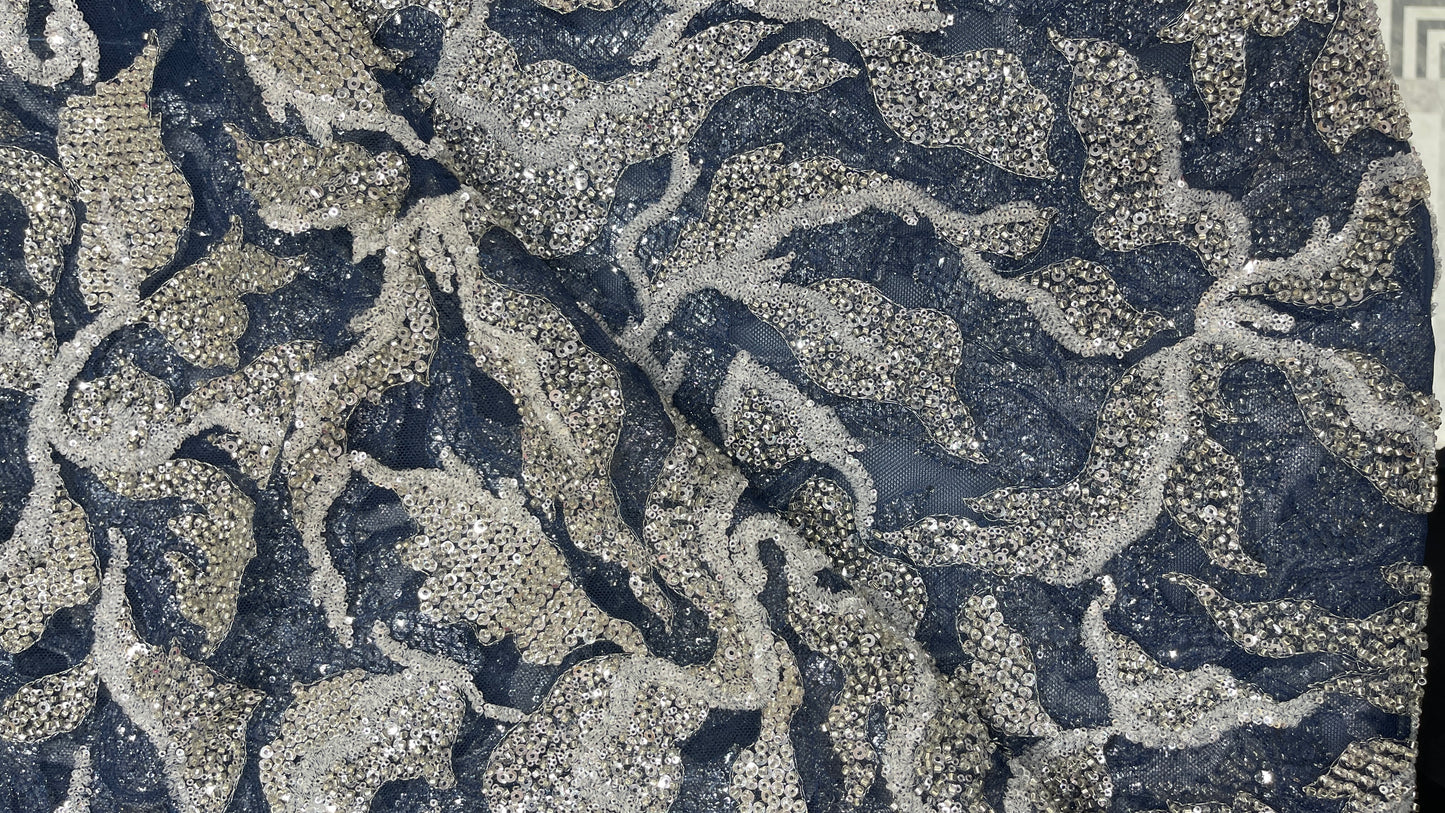 Luxury Silver & White Sequins Embroidered Net Fabric - Designer Collection