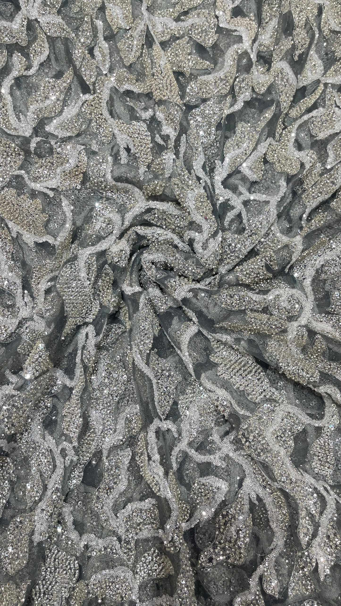 Luxury Silver & White Sequins Embroidered Net Fabric - Designer Collection