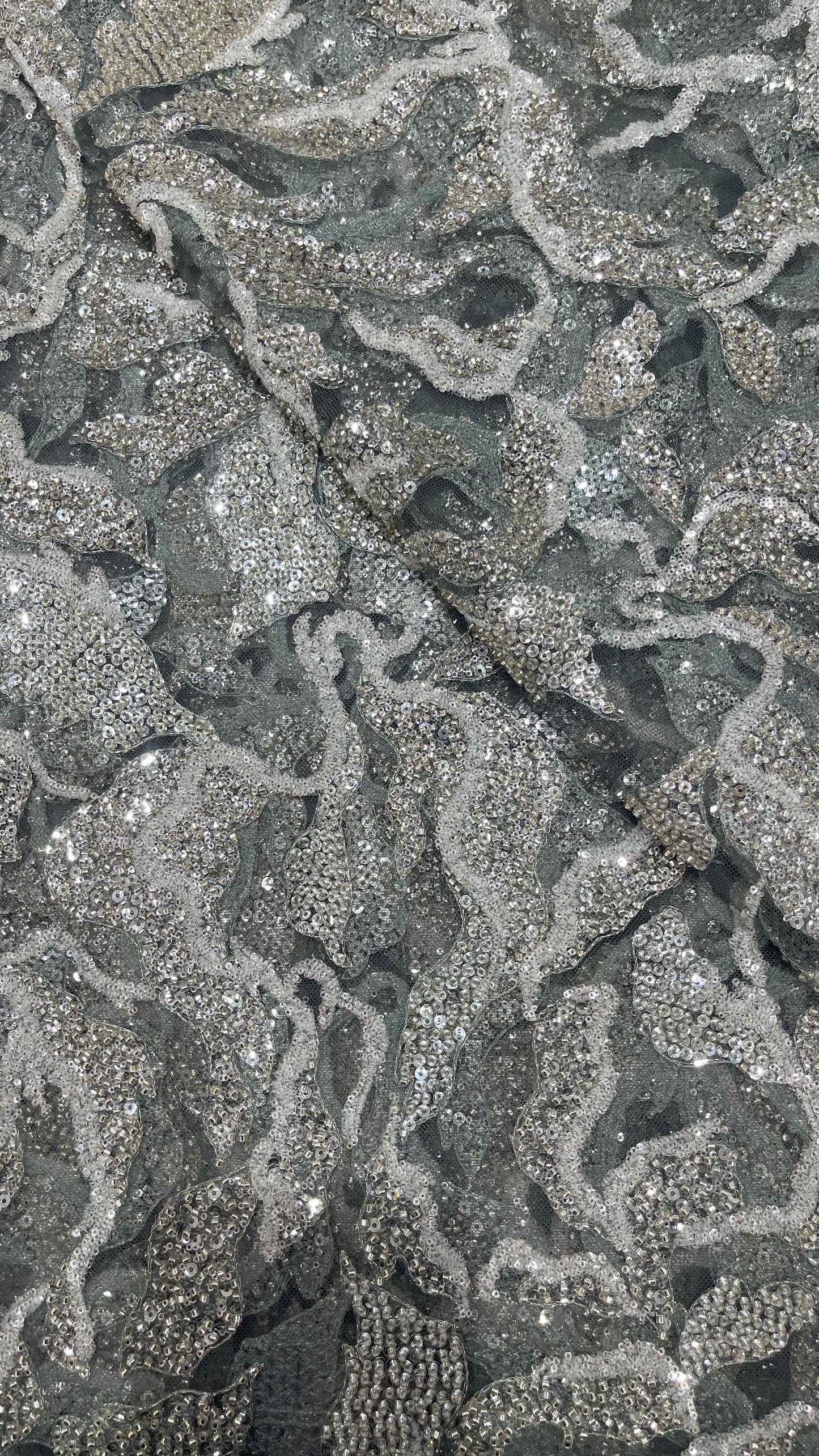 Luxury Silver & White Sequins Embroidered Net Fabric - Designer Collection