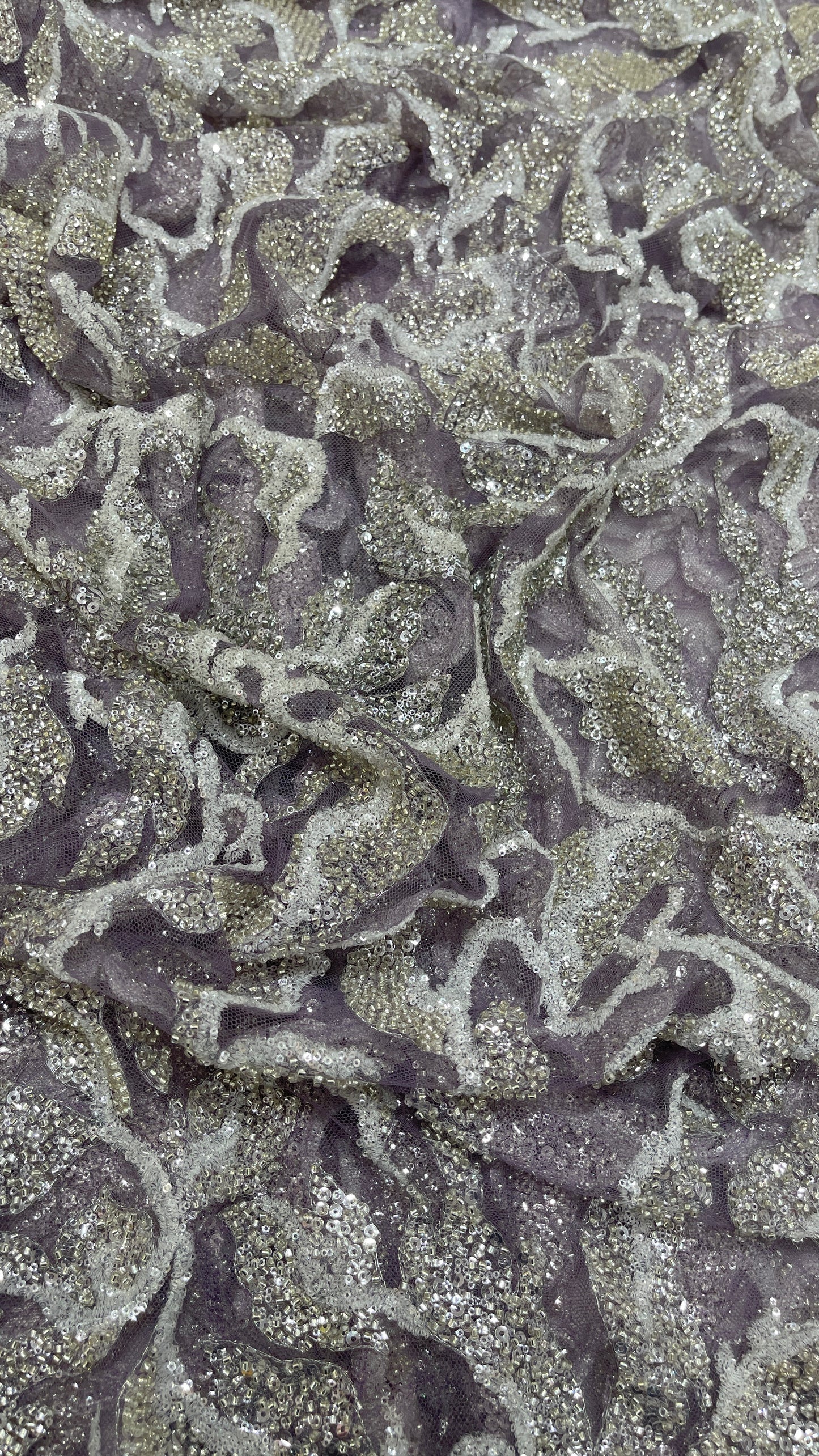 Luxury Silver & White Sequins Embroidered Net Fabric - Designer Collection