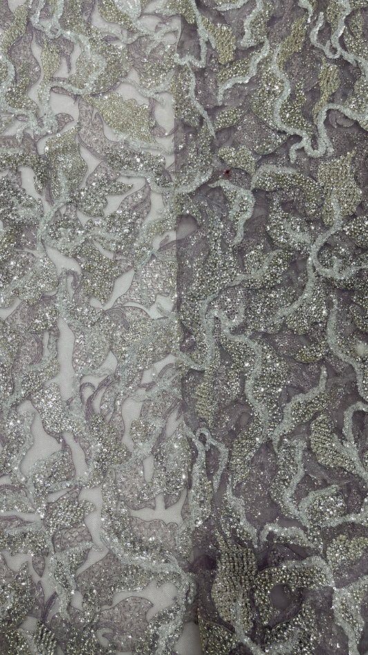 Luxury Silver & White Sequins Embroidered Net Fabric - Designer Collection