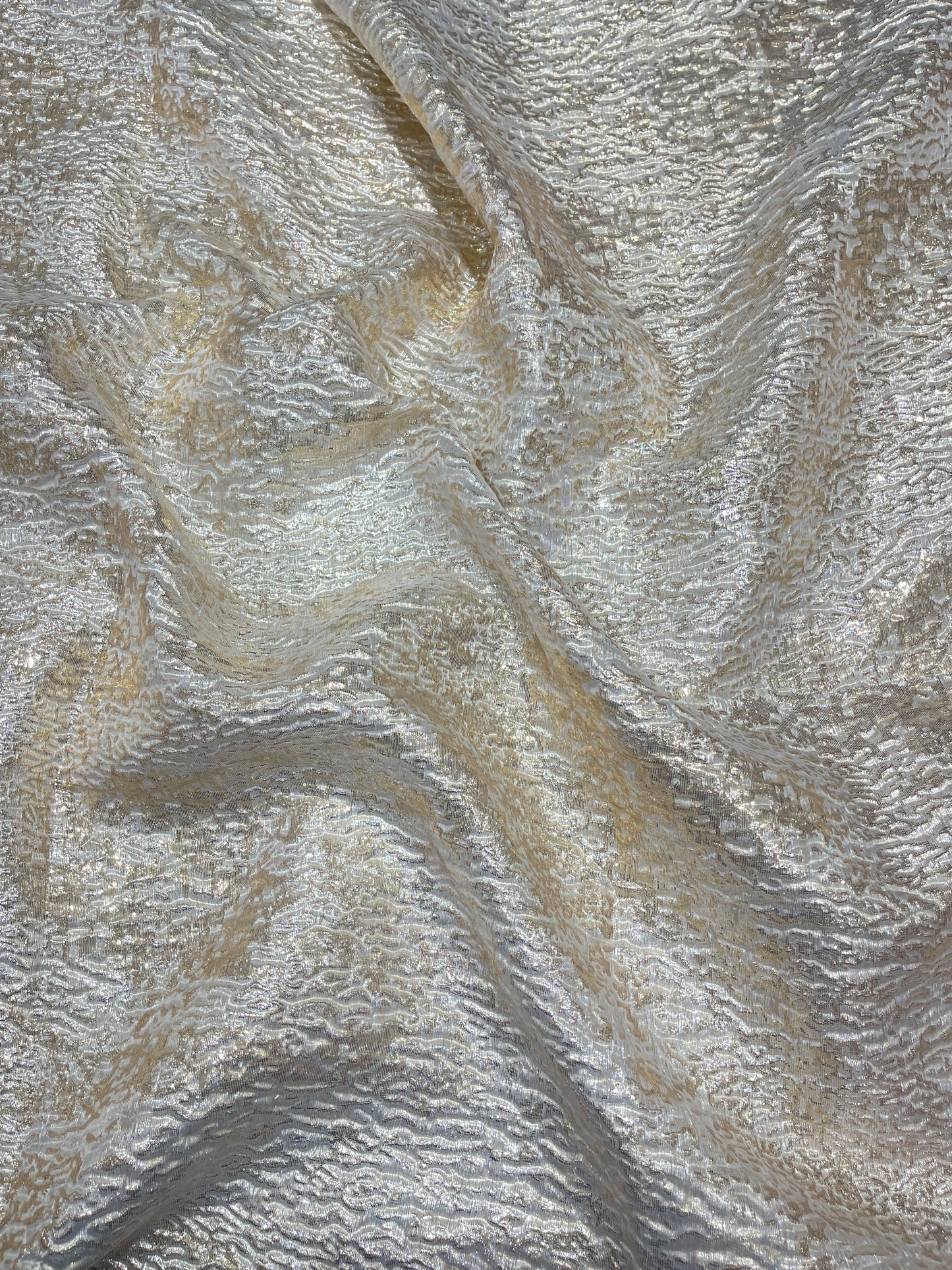 Luxury Imported Ivory Gold Textured Shimmer Fabric – Premium Designer Party Wear Material