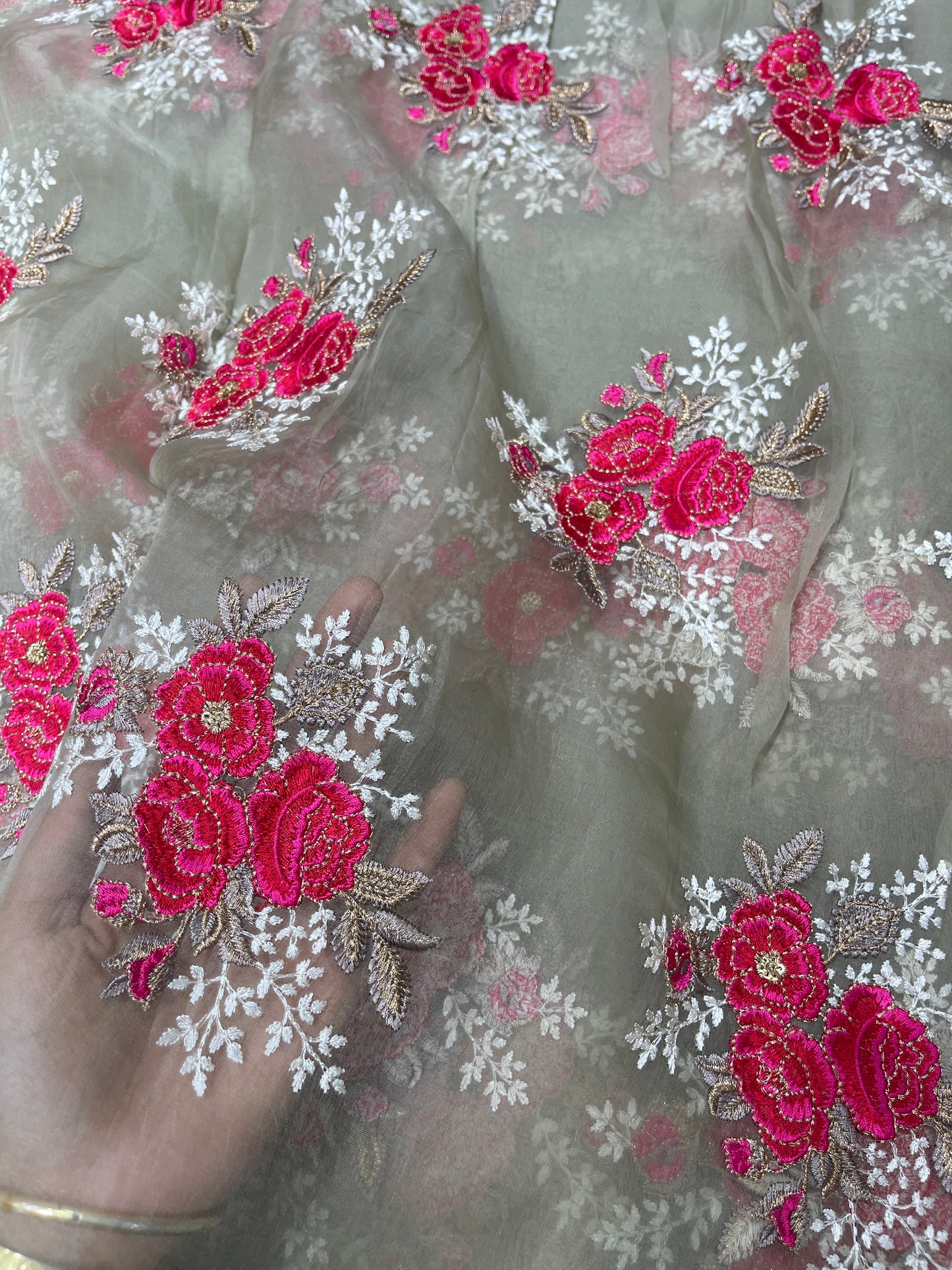 Olive Green Hot Pink Floral Organza Embroidery Fabric – Designer Sheer Fabric for Festive & Couture Wear