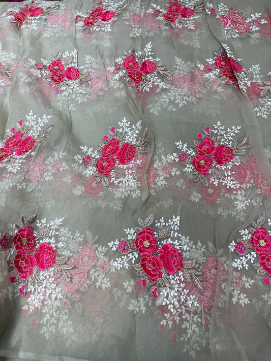 Olive Green Hot Pink Floral Organza Embroidery Fabric – Designer Sheer Fabric for Festive & Couture Wear