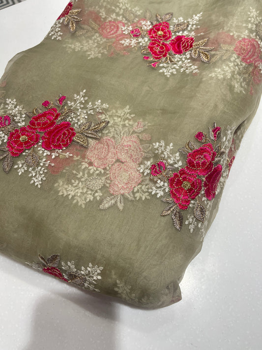 Olive Green Hot Pink Floral Organza Embroidery Fabric – Designer Sheer Fabric for Festive & Couture Wear