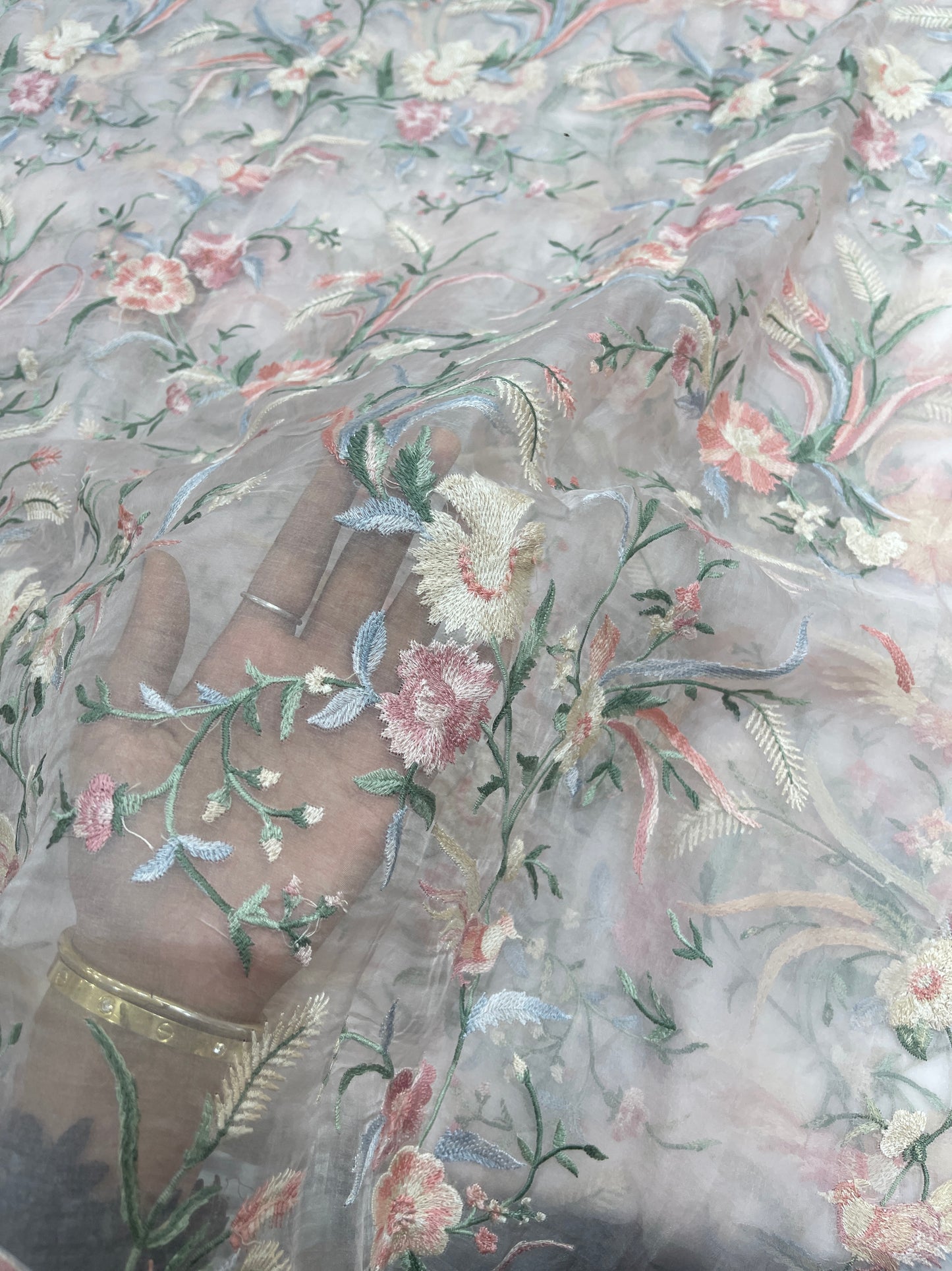 Pastel Bird & Floral Embroidered Organza Fabric – Designer Sheer Organza for Couture & Occasion Wear