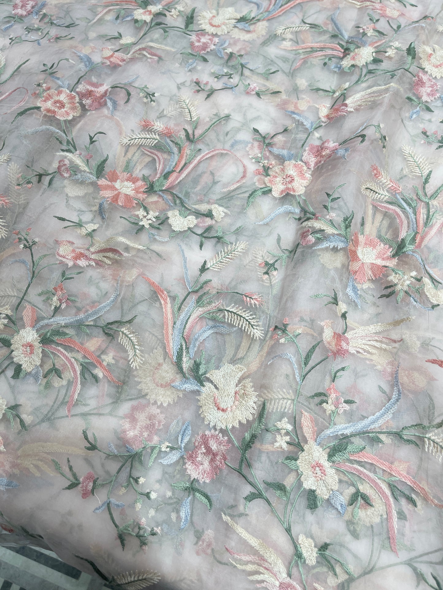 Pastel Bird & Floral Embroidered Organza Fabric – Designer Sheer Organza for Couture & Occasion Wear
