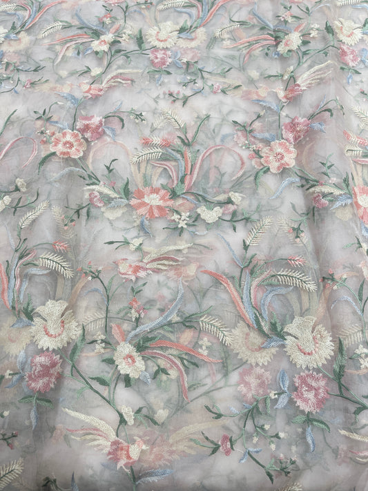 Pastel Bird & Floral Embroidered Organza Fabric – Designer Sheer Organza for Couture & Occasion Wear