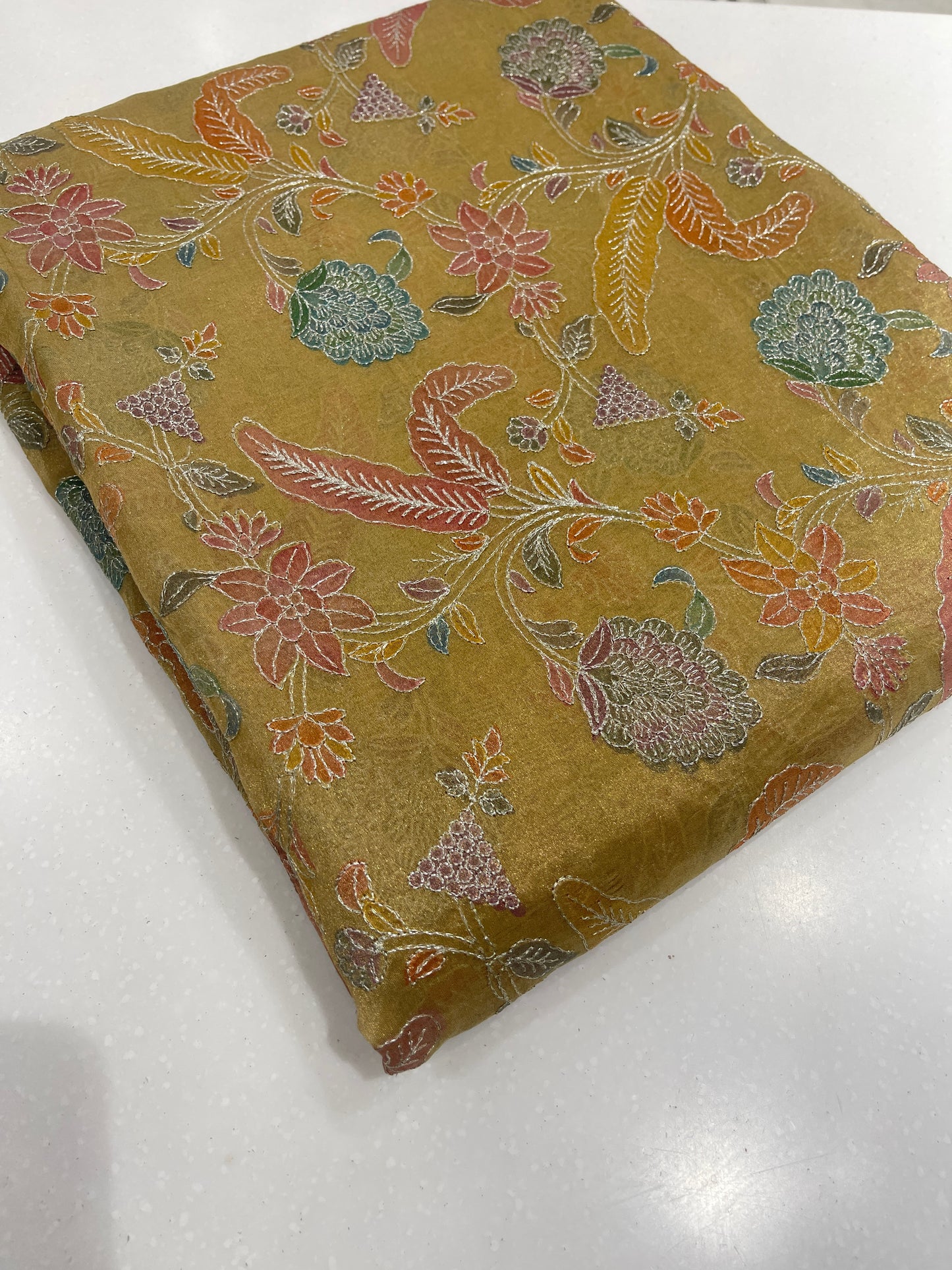 Mustard Multicolor Floral Organza Embroidery Fabric – Premium Sheer Designer Fabric for Ethnic & Occasion Wear