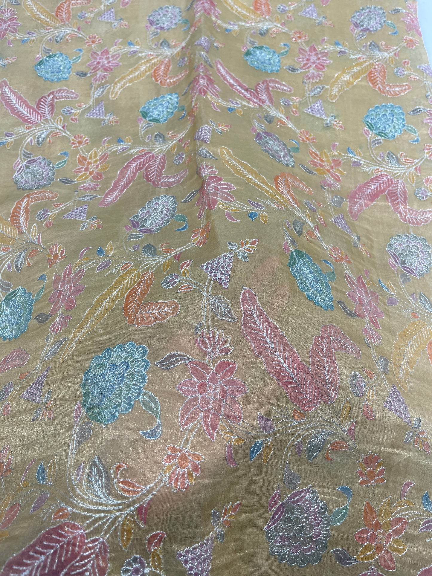 Mustard Multicolor Floral Organza Embroidery Fabric – Premium Sheer Designer Fabric for Ethnic & Occasion Wear