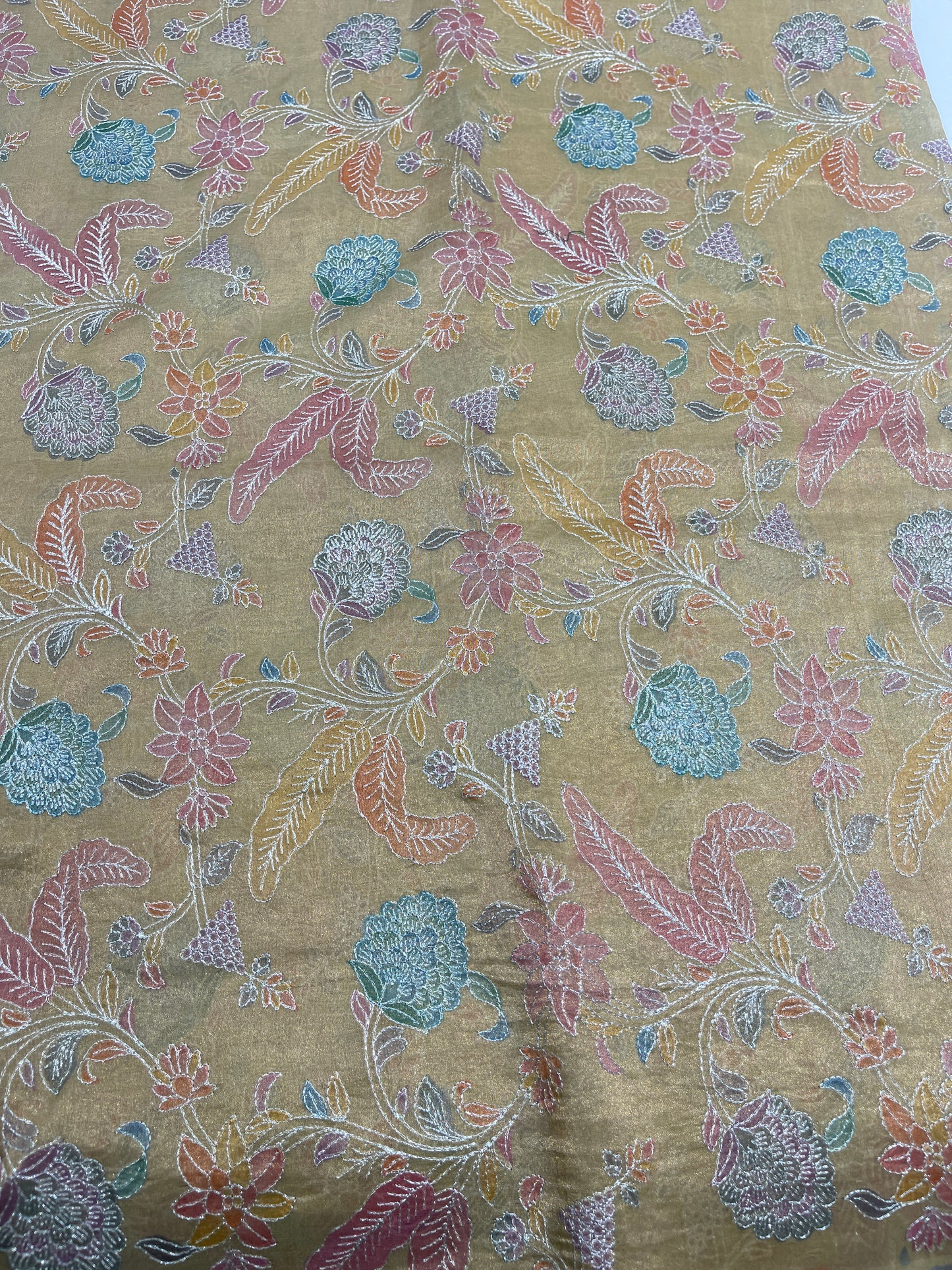 Mustard Multicolor Floral Organza Embroidery Fabric – Premium Sheer Designer Fabric for Ethnic & Occasion Wear